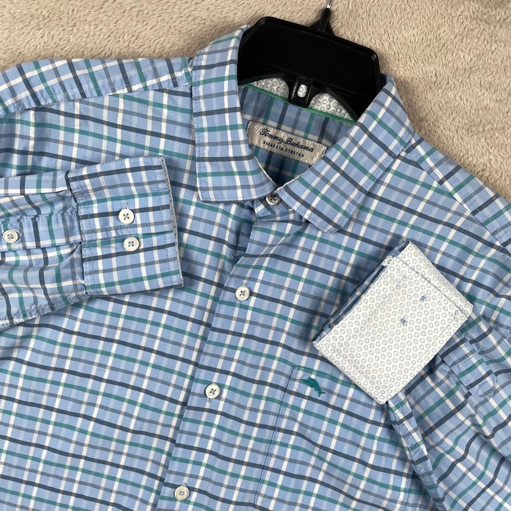 Tommy Bahama Sarasota Stretch Shirt Mens Medium Blue Plaid Long Sleeve Button Up